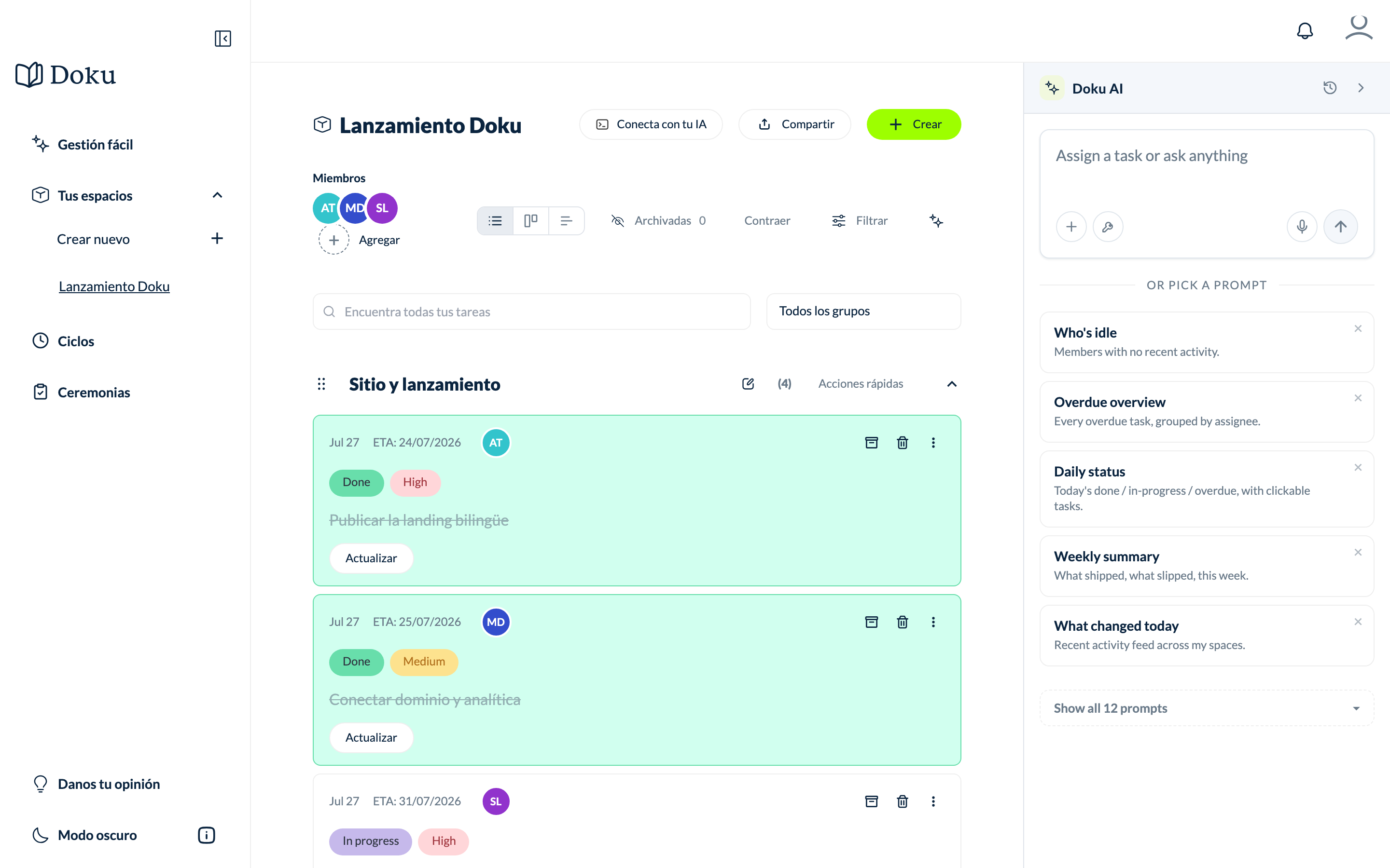 Tablero de tareas de Doku con grupos, miembros y el asistente Doku AI